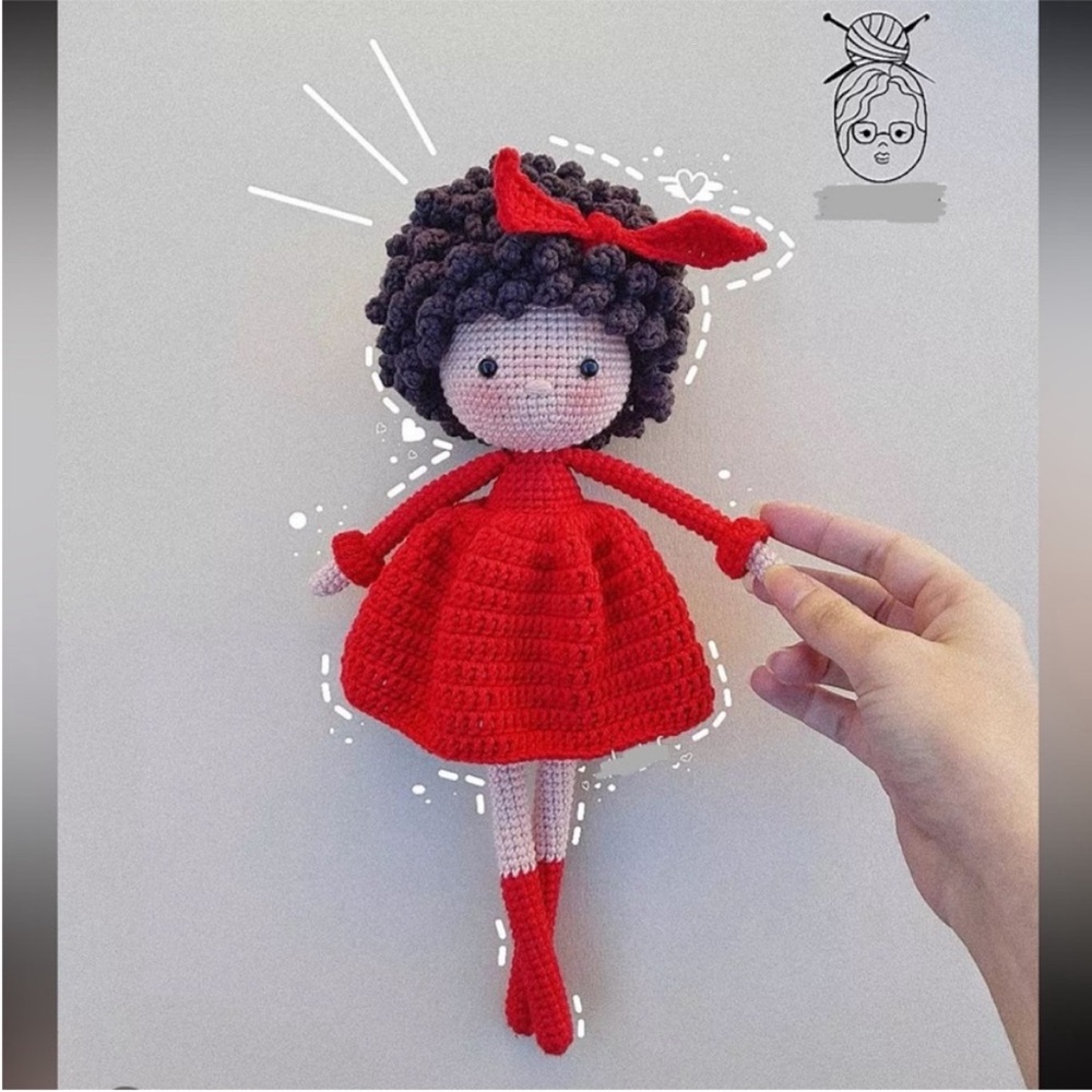 Hand knitted Crochet red dress Doll with curly hair
